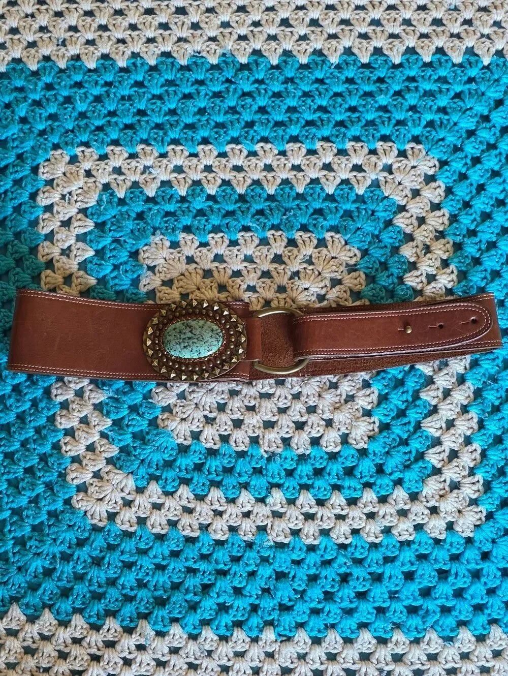 Leather Rock Leather Belt With Turquoise Buckle With Gild Studs
